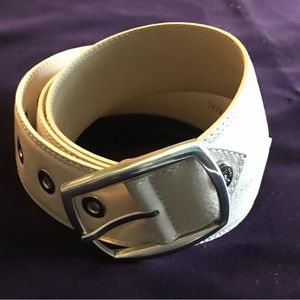 Longchamp champagne color leather belt, silver buckle & grommets